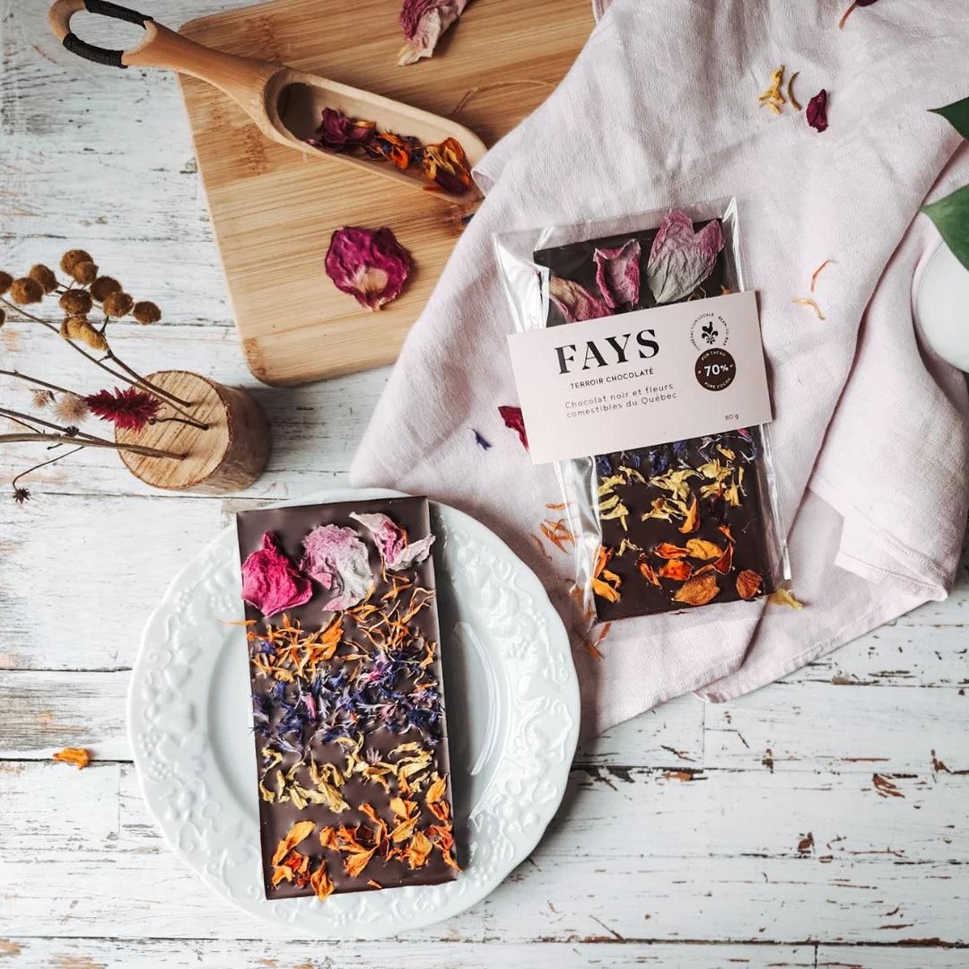 Tablette chocolat noir & fleurs comestibles